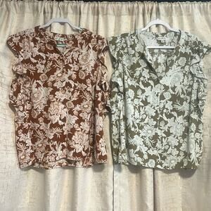 2‎ Wonderly Button Up Blouses Floral Green White Rust Ruffles Women's Size XXL